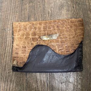 Handmade Leather Clutch. Crystal Closure. Purple And Crocodile Sand Color.